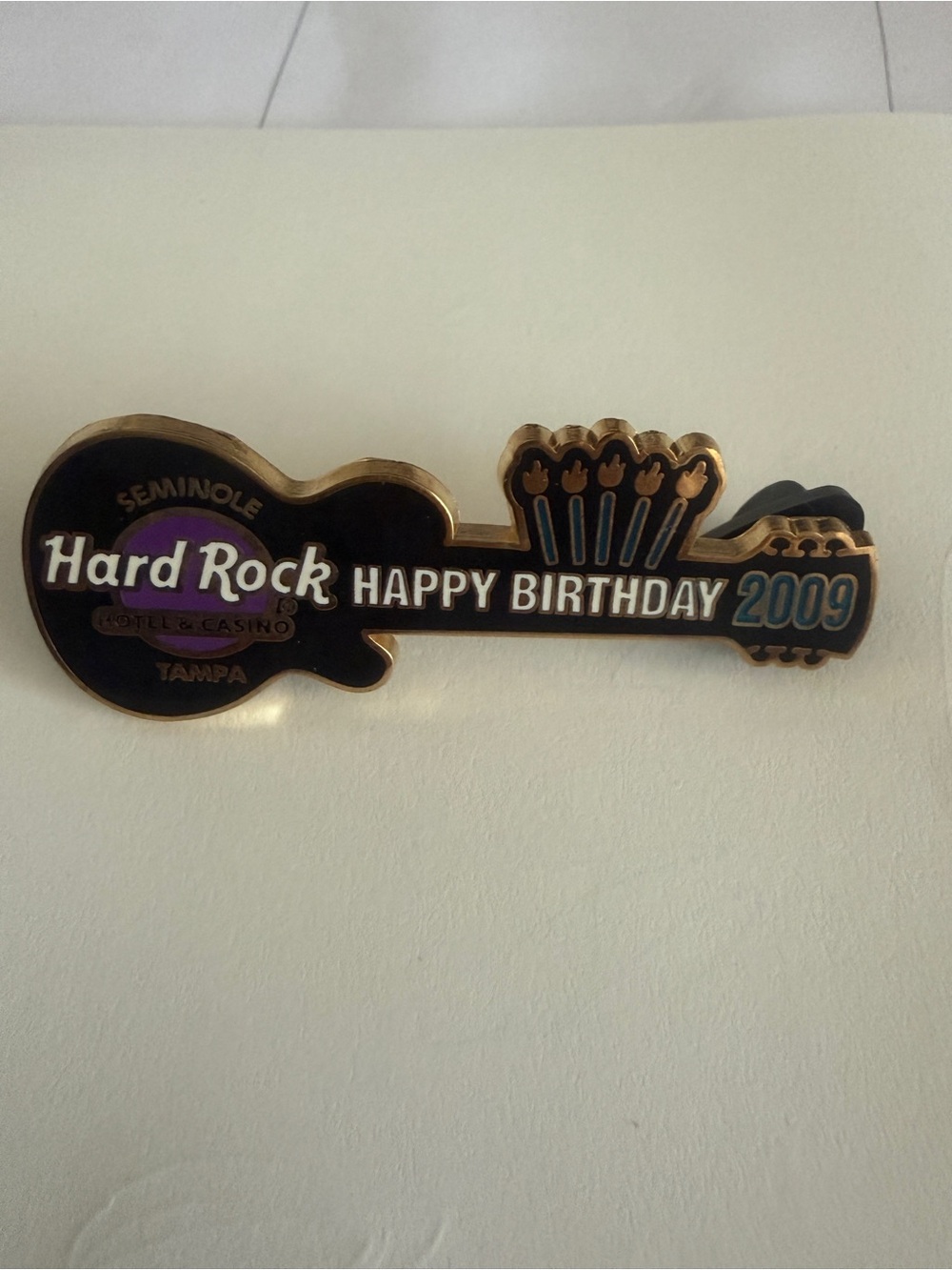 Hard Rock Cafe Black and Gold Happy Birthday 2009 Guitar Brooch